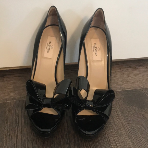 Valentino Shoes - Valentino Black Bow Peep Toe Patent Pumps